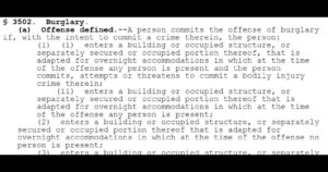 § 3502. Burglary. (a) Offense defined.--A person commits the offense of burglary if, with the intent to commit a crime therein, the person: (1) (i) enters a building or occupied structure, or separately secured or occupied portion thereof, that is adapted for overnight accommodations in which at the time of the offense any person is present and the person commits, attempts or threatens to commit a bodily injury crime therein; (ii) enters a building or occupied structure, or separately secured or occupied portion thereof that is adapted for overnight accommodations in which at the time of the offense any person is present; (2) enters a building or occupied structure, or separately secured or occupied portion thereof that is adapted for overnight accommodations in which at the time of the offense no person is present; (3) enters a building or occupied structure, or separately secured or occupied portion thereof that is not adapted for overnight accommodations in which at the time of the offense any person is present; or...